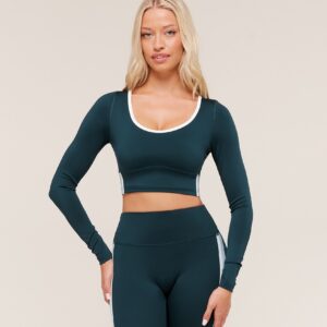gymshark piping long sleeve crop top deep petrol blue/smoke blue/soft white