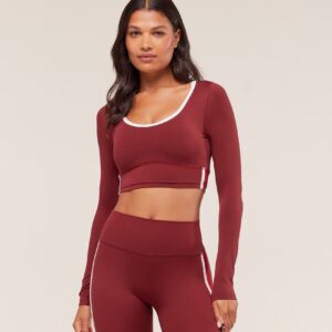 gymshark piping long sleeve crop top sets red/carmine red/soft white