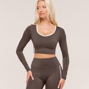 gymshark piping long sleeve crop top walnut brown/chestnut pink/soft white