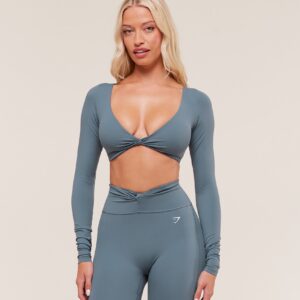 gymshark twist front long sleeve crop top iron blue