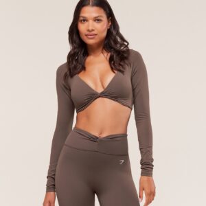 gymshark twist front long sleeve crop top walnut brown